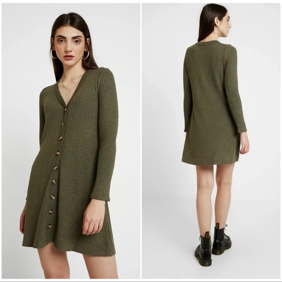 American Eagle Long Sleeve Waffle Knit Dress - Olive Green - Small - Picture 2 of 7